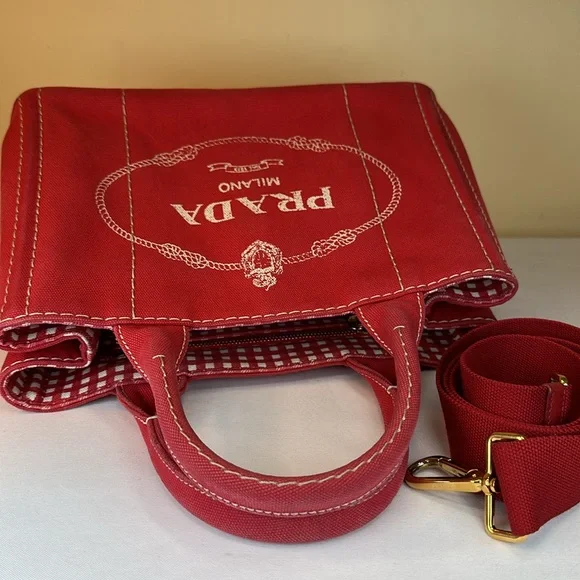 Prada Canapa Red Denim Canvas Snap Sides, Adjustable Removable Strap, Auth Cards - Picture 13 of 16